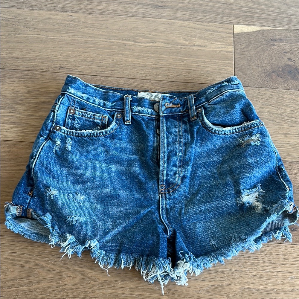 Free People Denim Blue Distressed Women Shorts